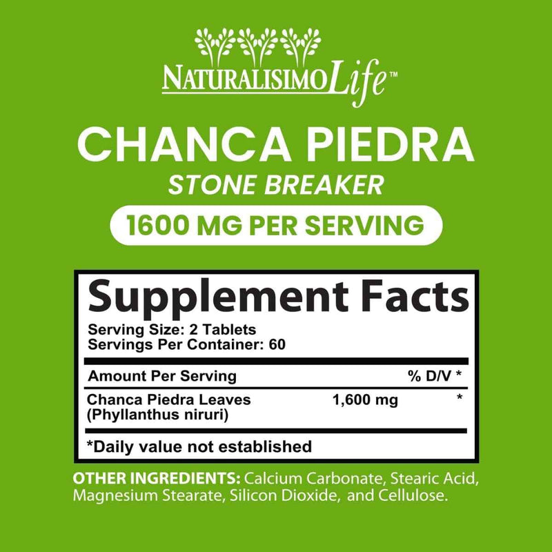 Tabla nutricional del suplemento Naturalisimo Life Chanca Piedra 120 tabletas