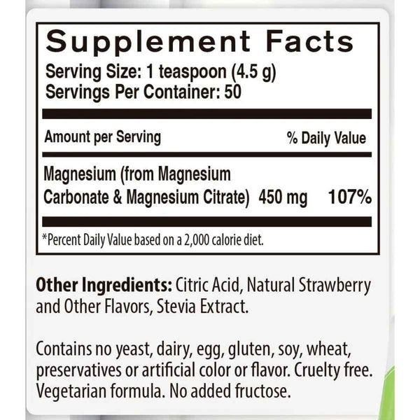 Tabla nutricional del suplemento NaturalSlim Citrato y Carbonato de Magnesio Fresa y Lima 226 g