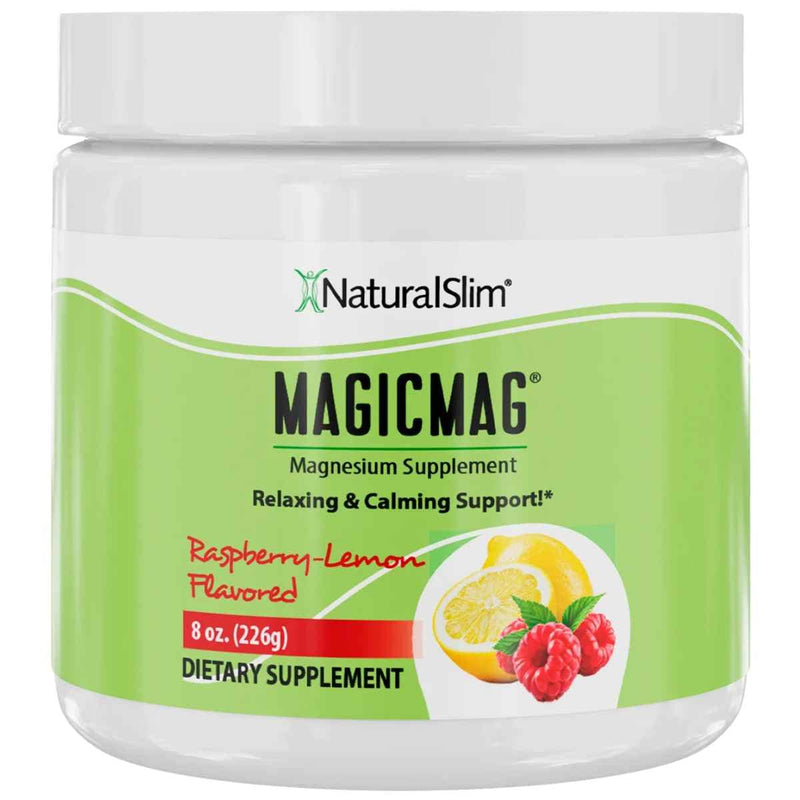 Frasco de suplemento NaturalSlim MagicMag Mezcla de Magnesio 450 mg 226 g sabor frambuesa y limón