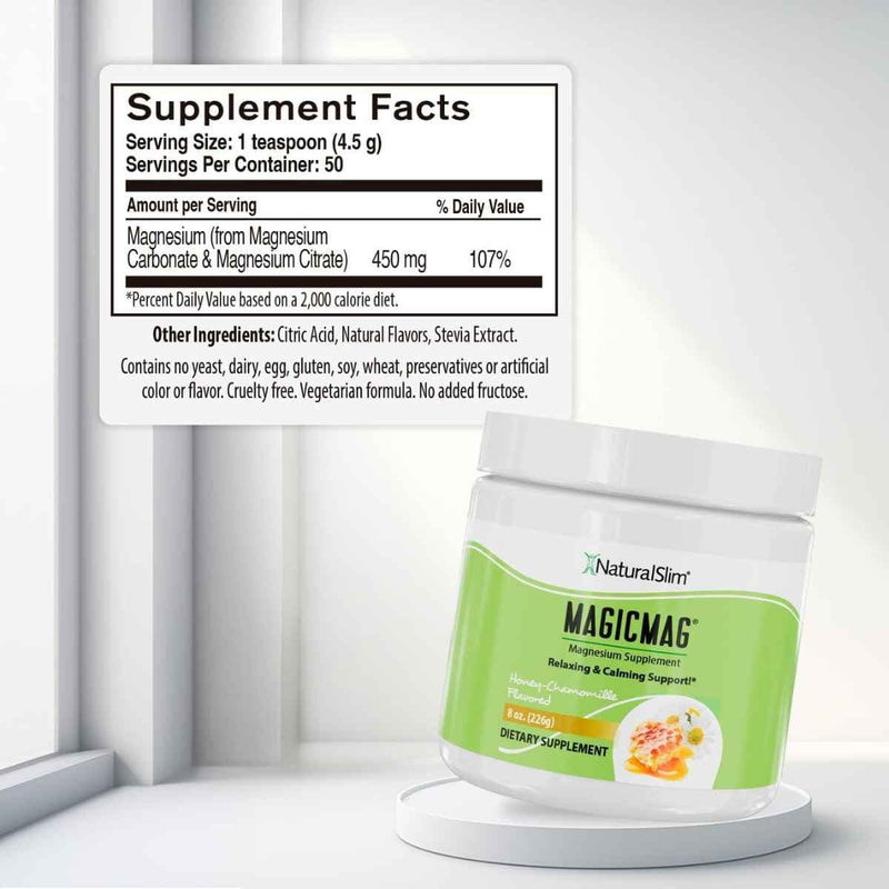 Tabla nutricional del suplemento NaturalSlim MagicMag Mezcla de Magnesio 450 mg 226 g sabor manzanilla y miel