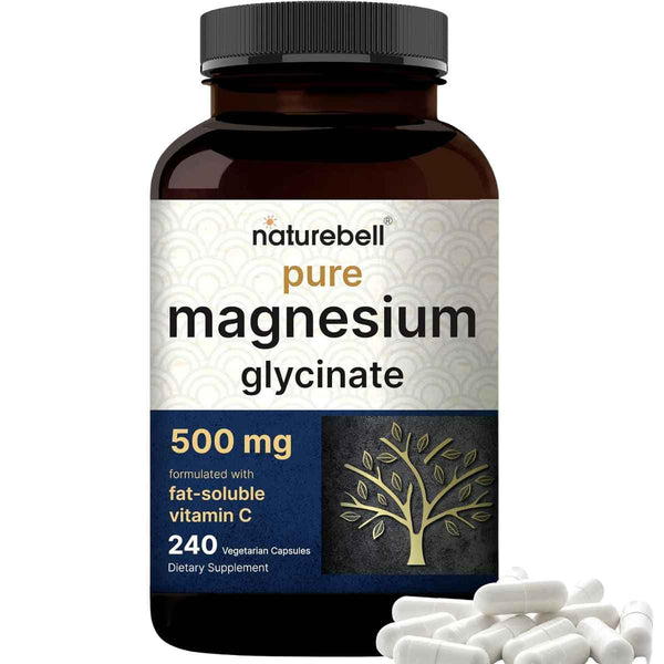 Frasco de suplemento NatureBell Glicinato de Magnesio 500 mg 240 cápsulas