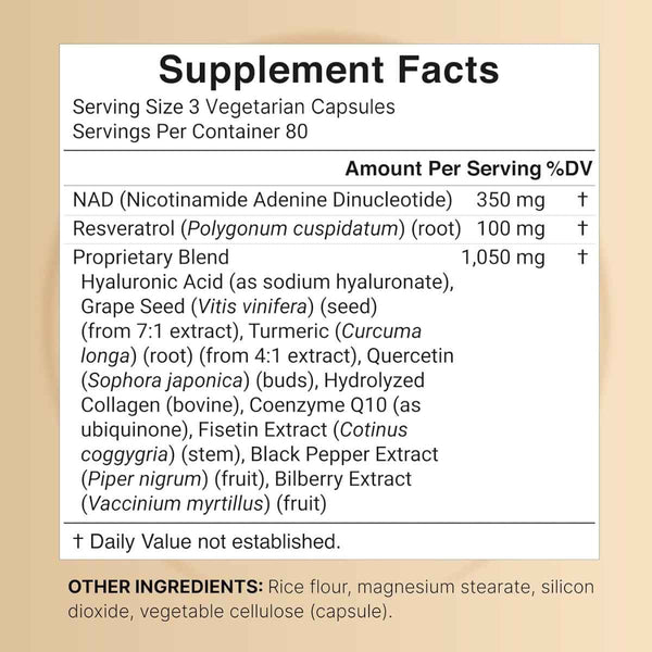 Tabla nutricional del suplemento Naturebell NAD+ Advanced Complex 1500 mg - 240 Cápsulas