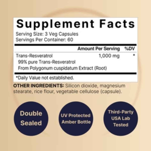 Tabla nutricional del suplemento Naturebell Trans-Resveratrol 1000 mg 180 cápsulas vegetarianas