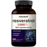 Frasco de suplemento Naturebell Trans-Resveratrol 1000 mg 180 cápsulas vegetarianas