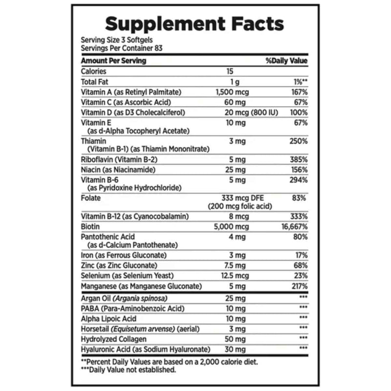 Tabla nutricional del suplemento Nature's Bounty Cabello, Piel y Uñas 250 cápsulas blandas