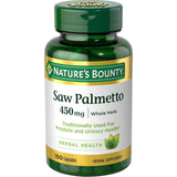 Frasco de suplemento Nature's Bounty Saw Palmetto 450 mg 100 cápsulas