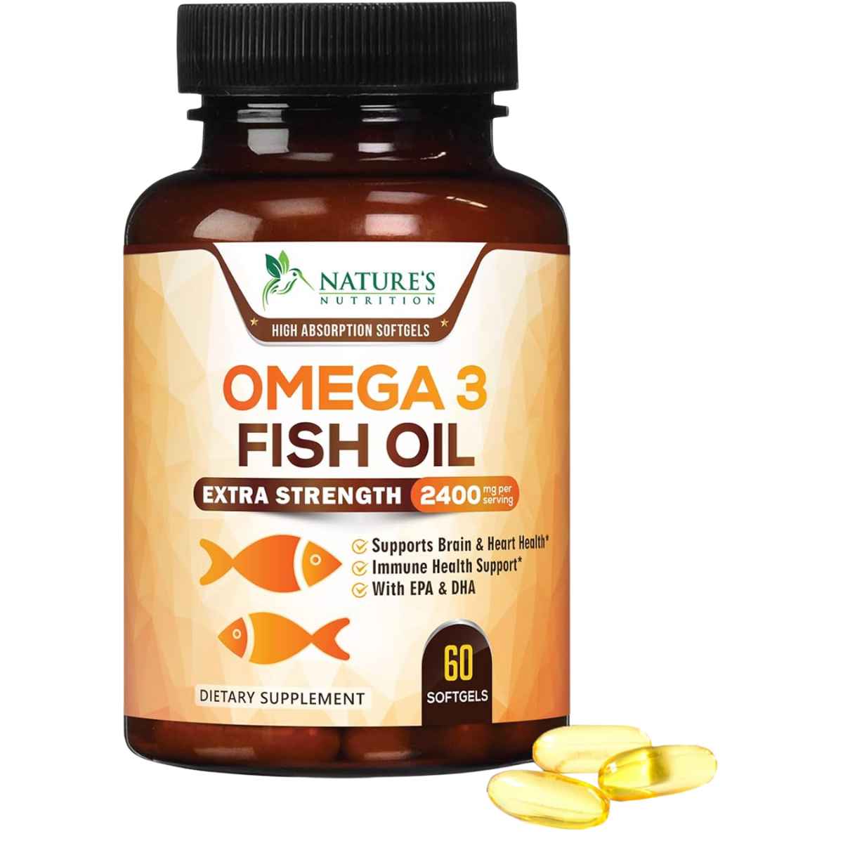 Frasco de suplemento Nature's Nutrition Aceite de Pescado Omega 3 Sabor Limón 1440 mg Omega-3 60 cápsulas blandas