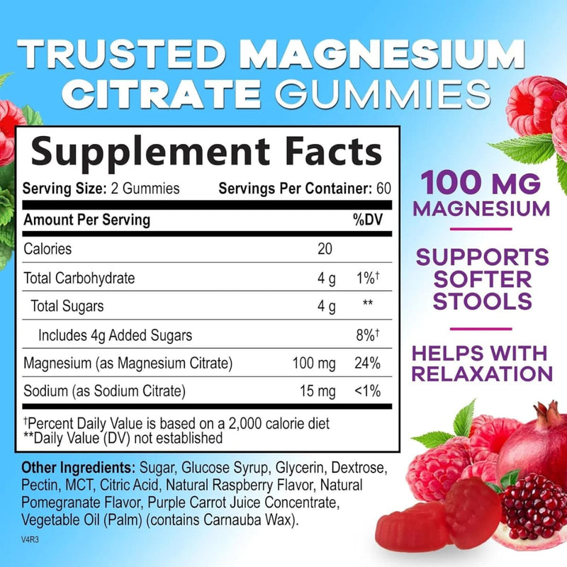Tabla nutricional del suplemento Nature's Nutrition Citrato de Magnesio Sabor Frambuesa 100 mg 120 gomitas