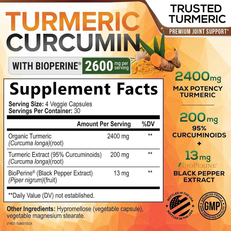 Tabla nutricional del suplemento Nature's Nutrition Cúrcuma y Curcumina con Bioperina 2600 mg 120 cápsulas