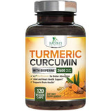 Frasco de suplemento Nature's Nutrition Cúrcuma y Curcumina con Bioperina 2600 mg 120 cápsulas
