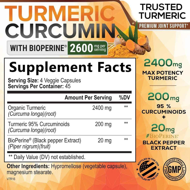 Tabla nutricional del suplemento Nature's Nutrition Cúrcuma y Curcumina con Bioperina 2600 mg 180 cápsulas