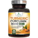 Frasco de suplemento Nature's Nutrition Cúrcuma y Curcumina con Bioperina 2600 mg 180 cápsulas