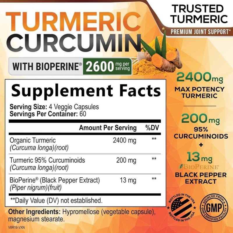 Tabla nutricional del suplemento Nature's Nutrition Cúrcuma y Curcumina con Bioperina 2600 mg 240 cápsulas
