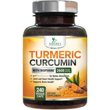Frasco de suplemento Nature's Nutrition Cúrcuma y Curcumina con Bioperina 2600 mg 240 cápsulas