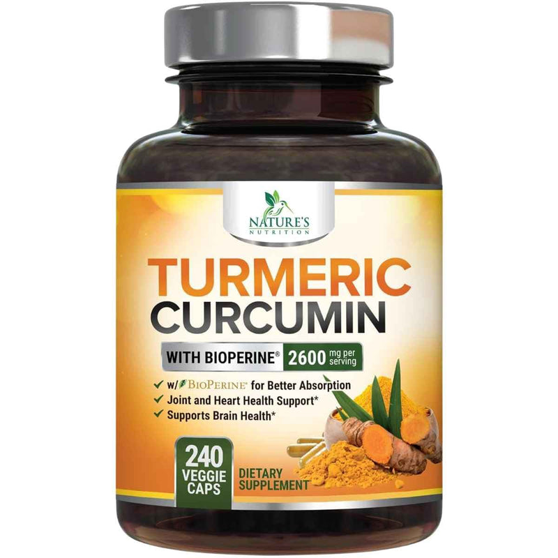 Frasco de suplemento Nature's Nutrition Cúrcuma y Curcumina con Bioperina 2600 mg 240 cápsulas