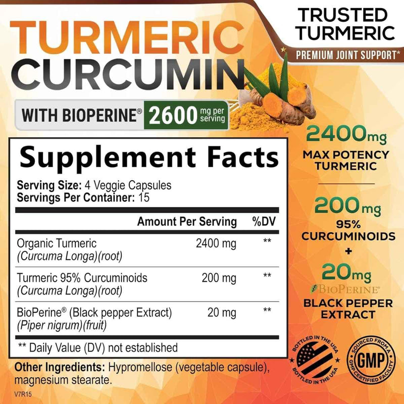 Tabla nutricional del suplemento Nature's Nutrition Cúrcuma y Curcumina con Bioperina 2600 mg 60 cápsulas