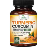 Frasco de suplemento Nature's Nutrition Cúrcuma y Curcumina con Bioperina 2600 mg 60 cápsulas