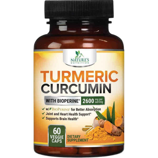 Frasco de suplemento Nature's Nutrition Cúrcuma y Curcumina con Bioperina 2600 mg 60 cápsulas