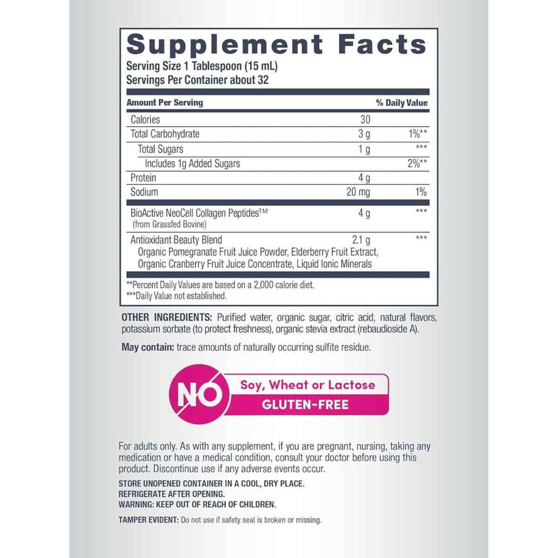 Tabla nutricional del suplemento NeoCell Colágeno Líquido Sabor Granada 473 mL