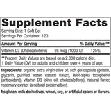 Tabla nutricional del suplemento Nordic Naturals Vitamina D3 1000 UI Naranja 120 Mini Cápsulas Blandas