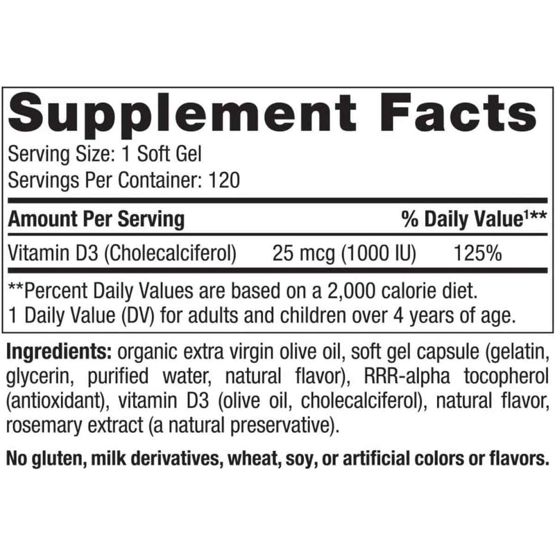 Tabla nutricional del suplemento Nordic Naturals Vitamina D3 1000 UI Naranja 120 Mini Cápsulas Blandas