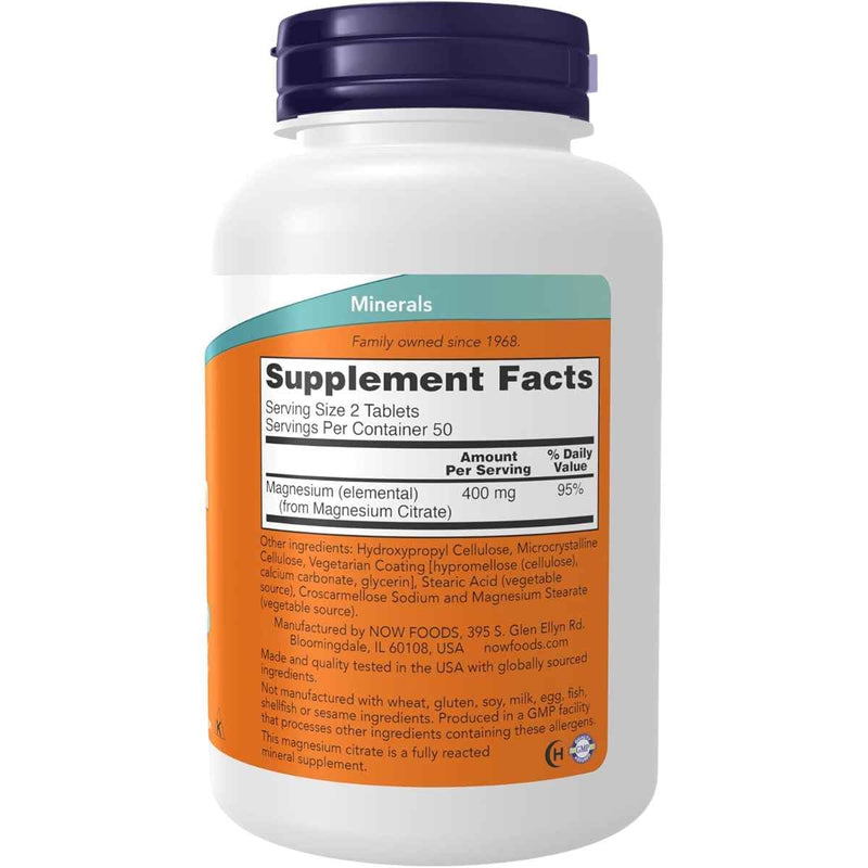 Tabla nutricional del suplemento NOW Foods Citrato de Magnesio 200 mg 100 Tabletas