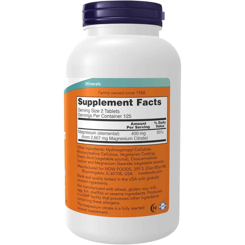 Tabla nutricional del suplemento NOW Foods Citrato de Magnesio 200 mg 250 Tabletas