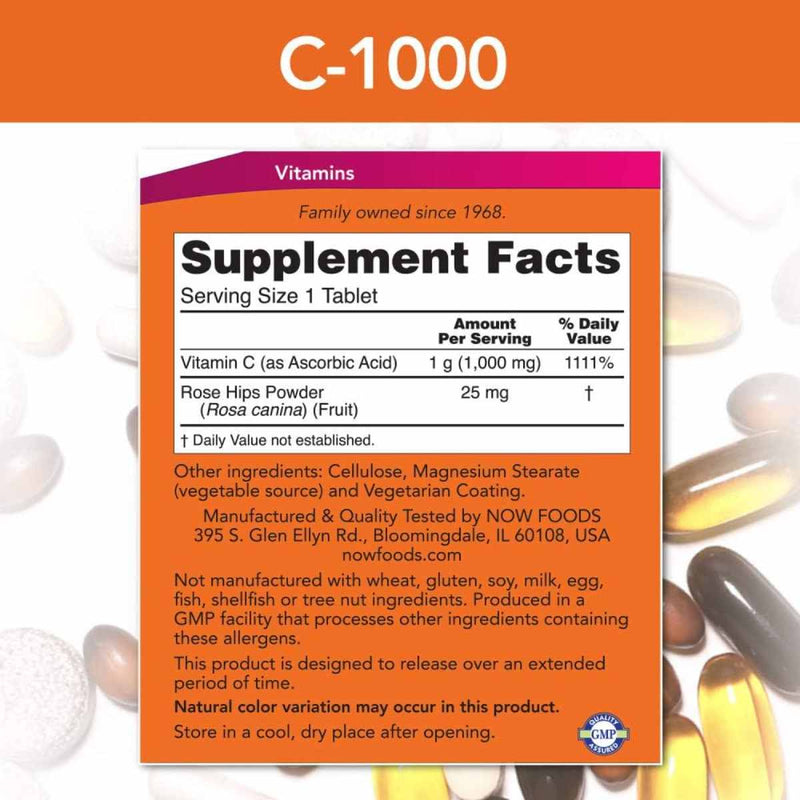 Información nutricional de NOW Foods vitamina c 1000 mg - 250 tabletas, tamaño de porción y detalles