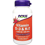 Frasco de suplemento NOW Foods Vitamina D-3 & K-2 120 cápsulas veganas
