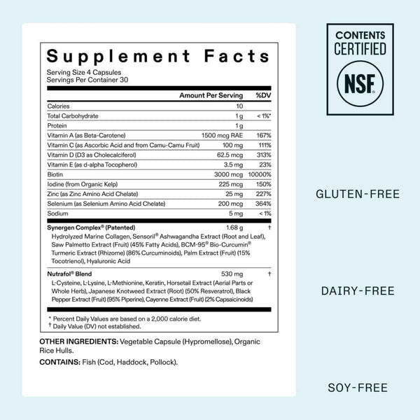 Tabla nutricional del suplemento Nutrafol Fórmula de Crecimiento Capilar para Mujeres 120 cápsulas