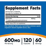 Información nutricional de Nutricost Alpha GPC 600 mg - Suplemento en cápsulas de colina