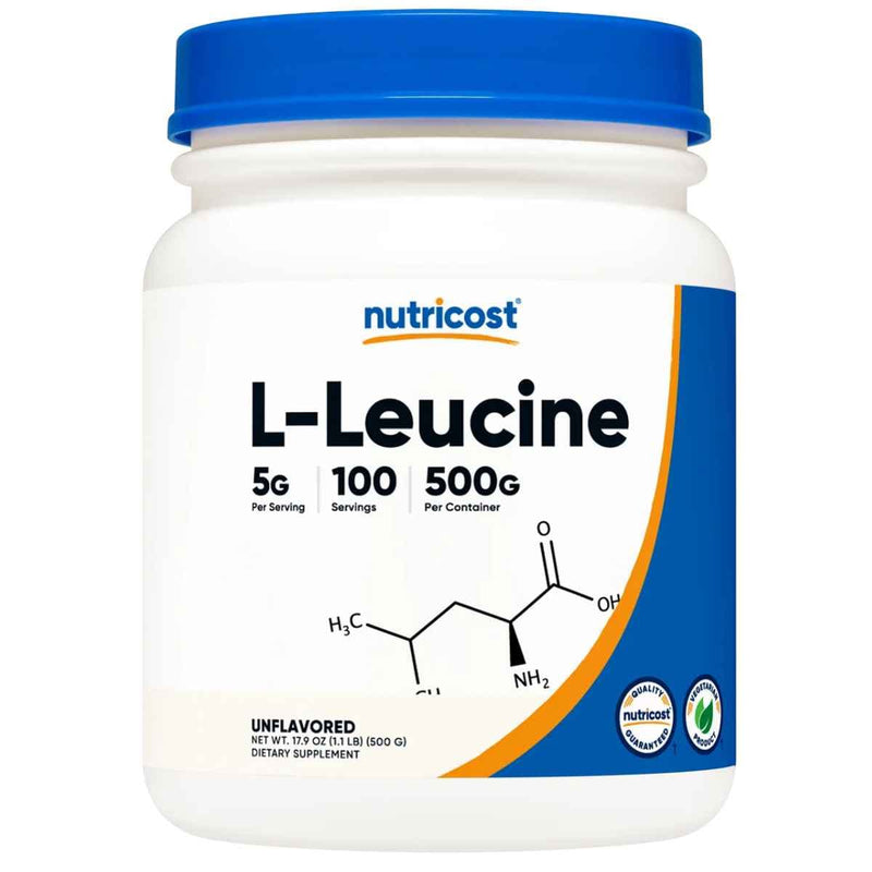 Frasco de suplemento Nutricost L-Leucina Sin Sabor 500 g