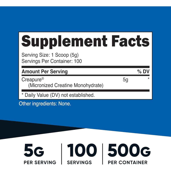 Tabla nutricional del suplemento Nutricost Monohidrato de Creatina Creapure 500 g polvo