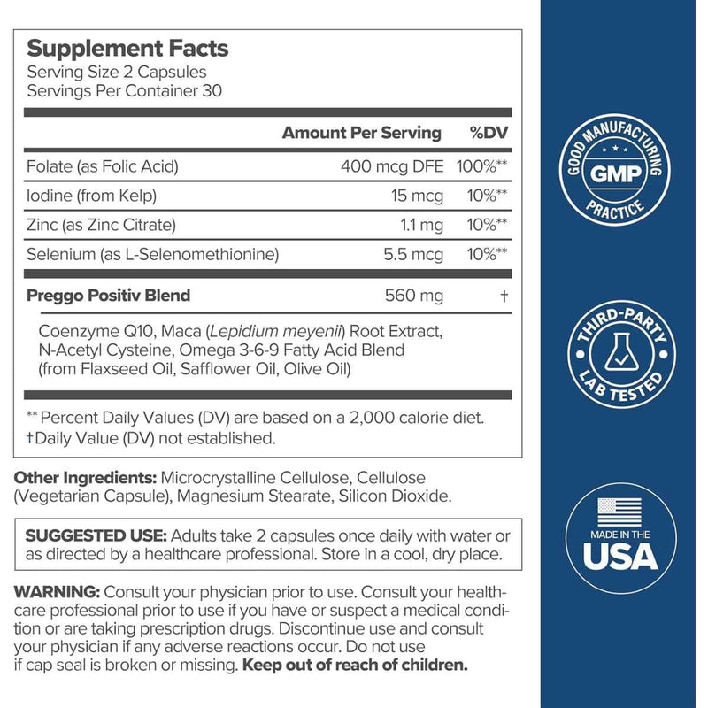 Tabla nutricional del suplemento O Positiv Health Preggo Apoyo a la Concepción 60 Cápsulas
