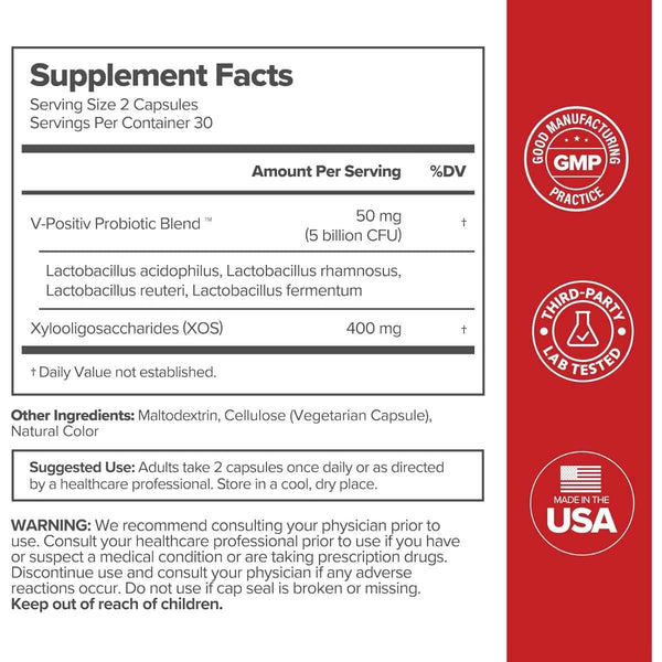 Tabla nutricional del suplemento O Posivtiv Health URO Probiótico para Mujer 60 Cápsulas Veganas