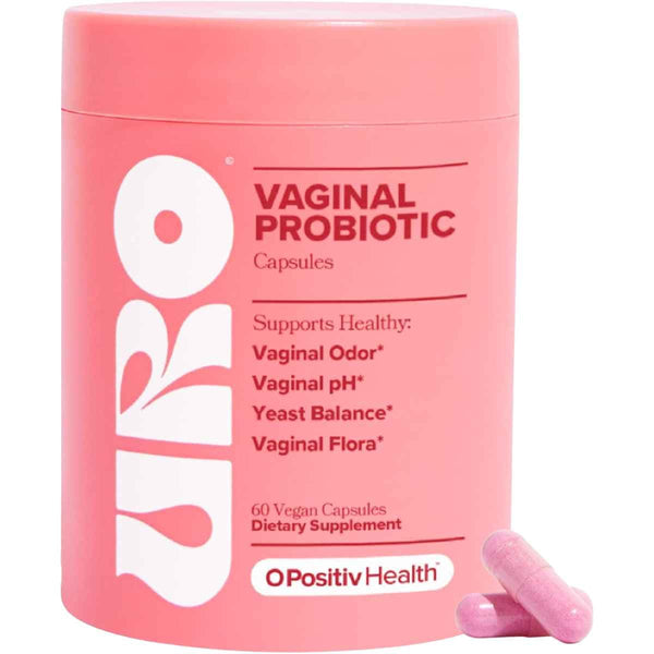 Frasco de suplemento O Positiv Health URO Probiótico para Mujer 60 Cápsulas Veganas