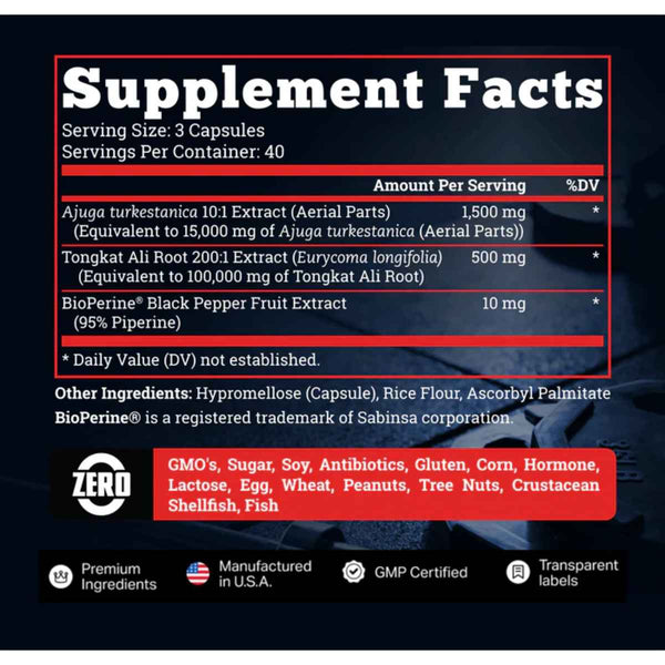 Tabla nutricional del suplemento Old School Labs Turkesterona con Tongkat Ali 120 cápsulas