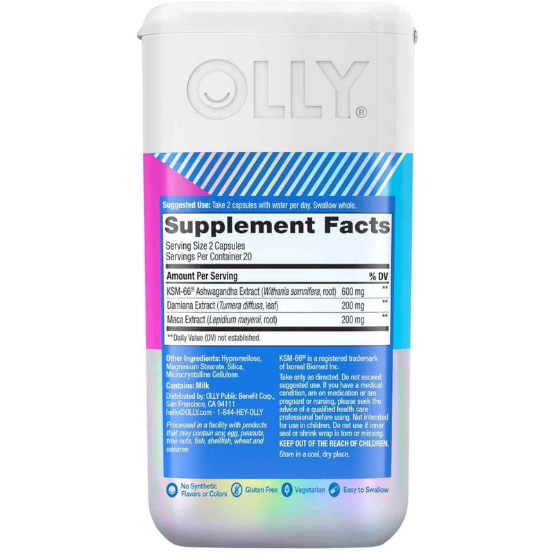 Tabla nutricional del suplemento OLLY Mezcla de Ashwagandha KSM-66, Damiana y Maca 40 Cápsulas
