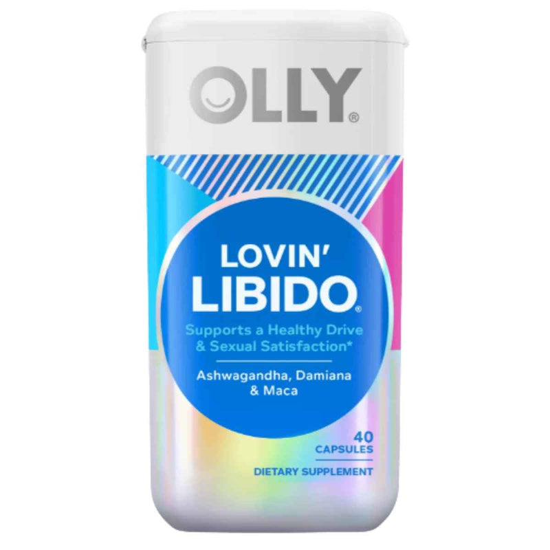 Frasco de suplemento OLLY Mezcla de Ashwagandha KSM-66, Damiana y Maca 40 Cápsulas