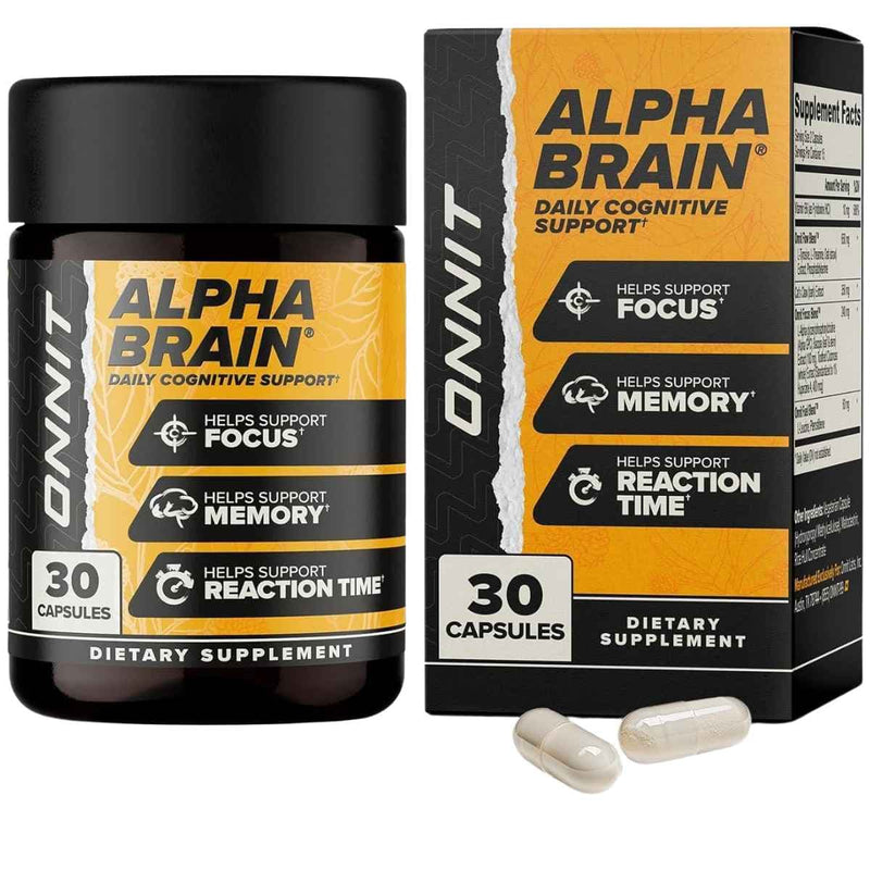 Frasco de suplemento Onnit Alpha Brain 650 mg 30 cápsulas