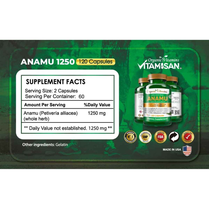 Tabla nutricional del suplemento Organic Vitamins Vitamisan Anamu 1250 mg 120 Cápsulas