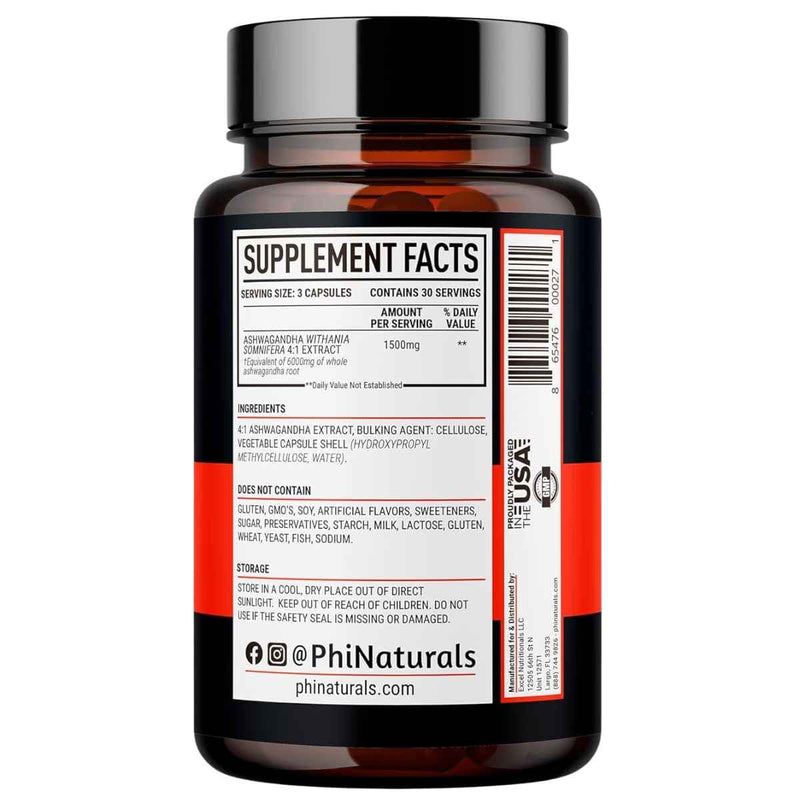 Tabla nutricional del suplemento PhiNaturals Ashwagandha Orgánica 1500 mg - 90 Cápsulas Veganas