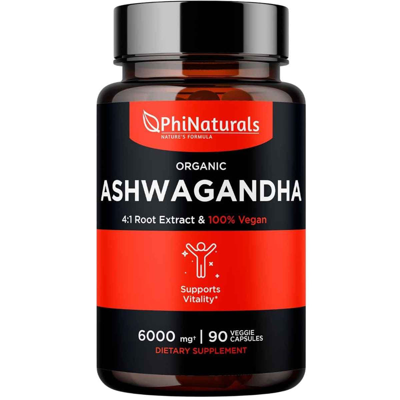 Frasco de suplemento PhiNaturals Ashwagandha Orgánica 1500 mg - 90 Cápsulas Veganas