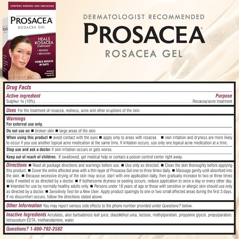 Tabla de Ingredientes y Advertencias del Gel Tópico PROSACEA para Rosácea 0.75 oz