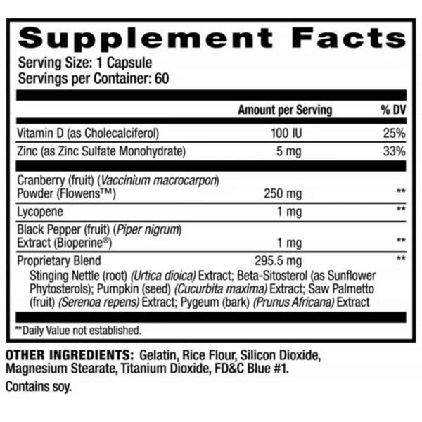 Tabla nutricional del suplemento Prosvent Ultra Blend con Saw Palmetto y Beta-Sitosterol 60 Cápsulas