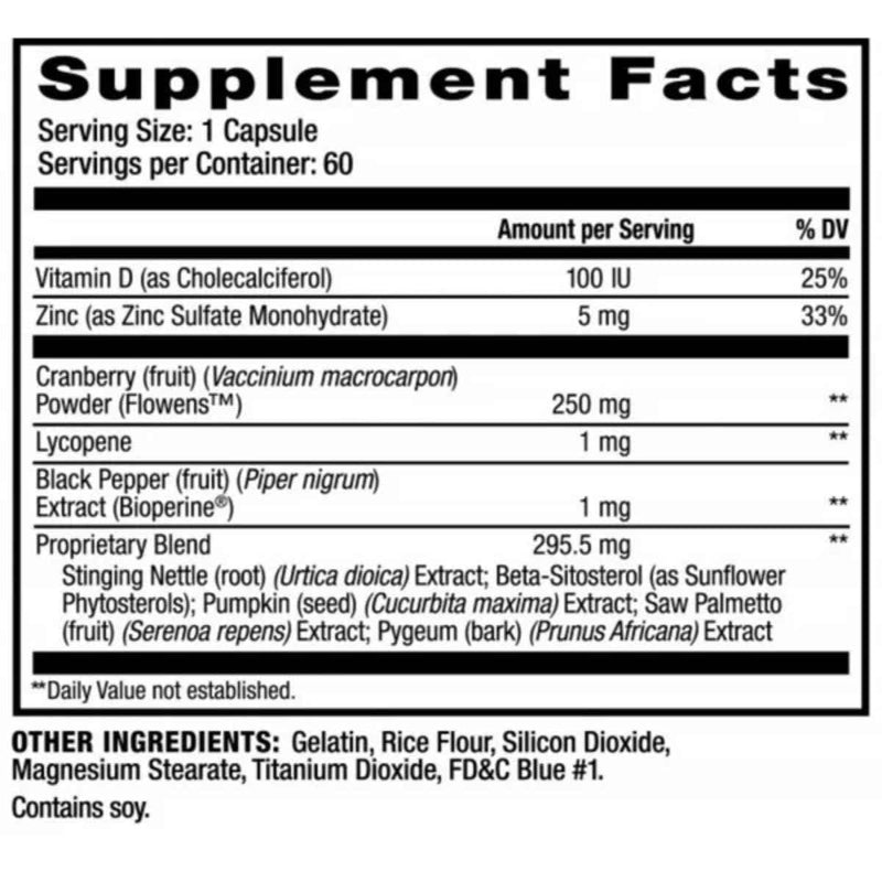 Tabla nutricional del suplemento Prosvent Ultra Blend con Saw Palmetto y Beta-Sitosterol 60 Cápsulas