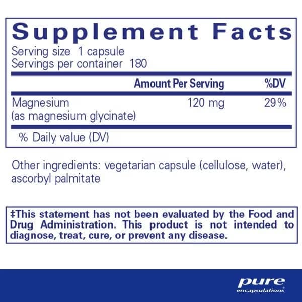 Tabla nutricional del suplemento Pure Encapsulations Glicinato de Magnesio 180 cápsulas