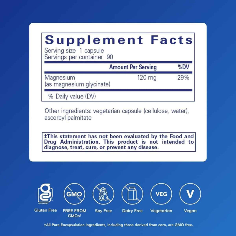 Tabla nutricional del suplemento Pure Encapsulations Magnesio Glicinato 120 mg 90 cápsulas
