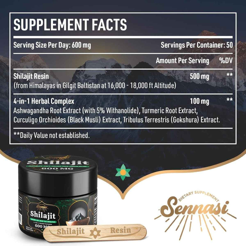 Tabla nutricional del suplemento Sennasi Resina de Shilajit 600 mg 30 g