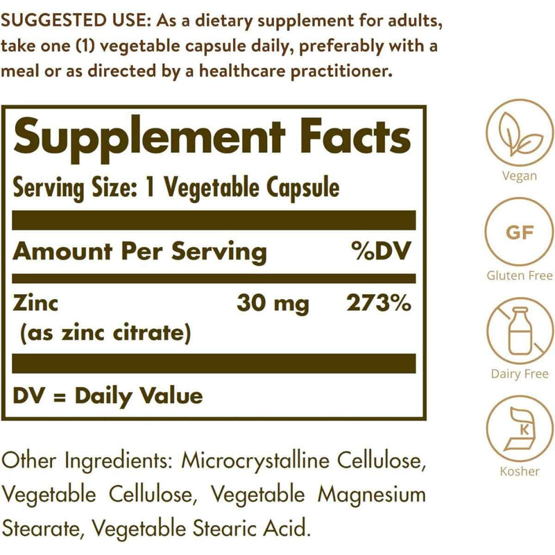 Tabla nutricional del suplemento Solgar Citrato de Zinc 30 mg 100 cápsulas